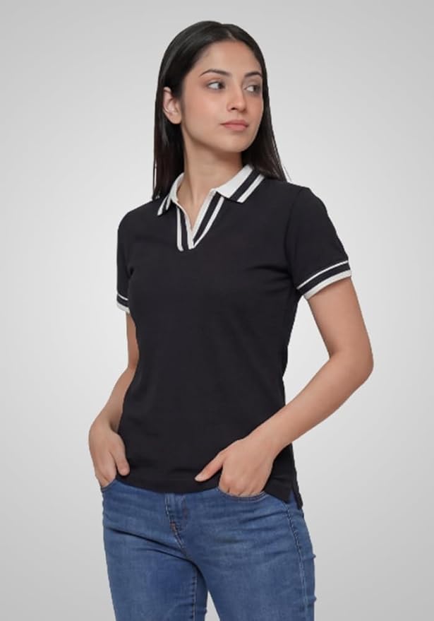 Wear Your Opinion S to 5XL V Neck Stripe Collar Tshirt for Women Polo Top