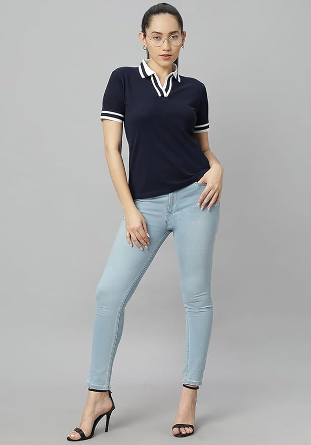 Wear Your Opinion S to 5XL V Neck Stripe Collar Tshirt for Women Polo Top