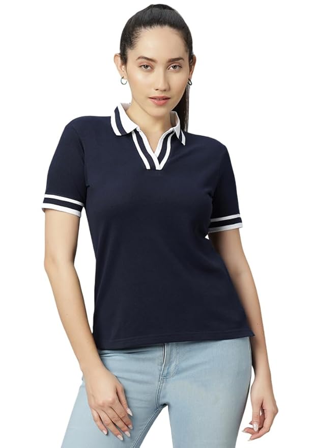 Wear Your Opinion S to 5XL V Neck Stripe Collar Tshirt for Women Polo Top