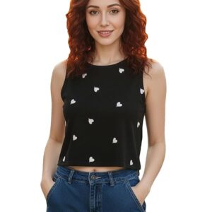 Aahwan Women’s Cotton Relaxed Fit Solid Flower Embroidery Semi-Sheer Tank Crop Top