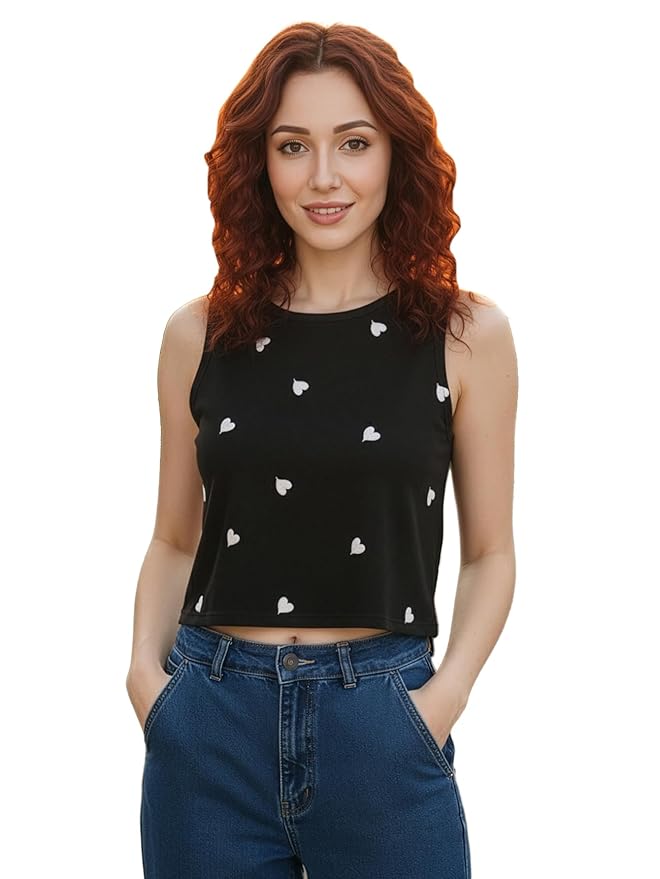 Aahwan Women's Cotton Relaxed Fit Solid Flower Embroidery Semi-Sheer Tank Crop Top