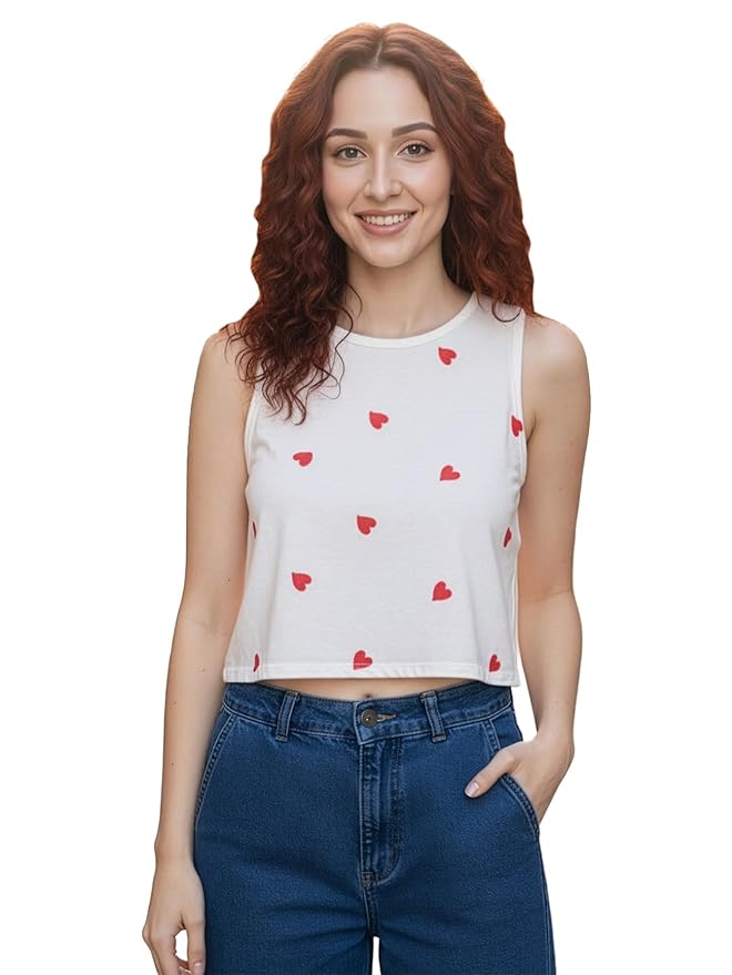 Aahwan Women's Cotton Relaxed Fit Solid Flower Embroidery Semi-Sheer Tank Crop Top