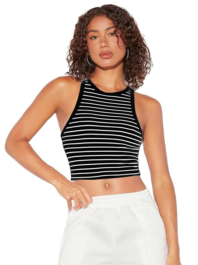 Aahwan Women's & Girl's 100% Polyester Black Slim Fit Striped Crop Racerback Tank Top