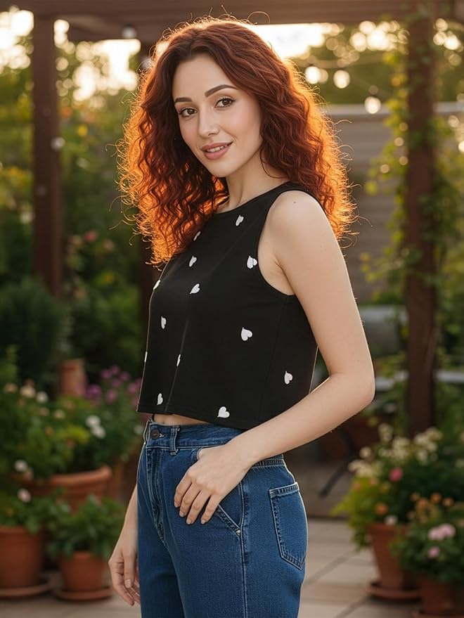 Aahwan Women's Cotton Relaxed Fit Solid Flower Embroidery Semi-Sheer Tank Crop Top