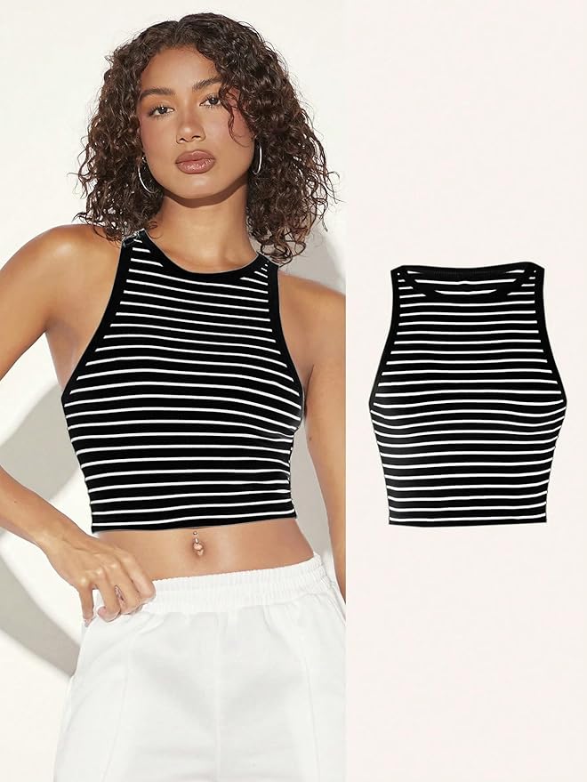 Aahwan Women's & Girl's 100% Polyester Black Slim Fit Striped Crop Racerback Tank Top