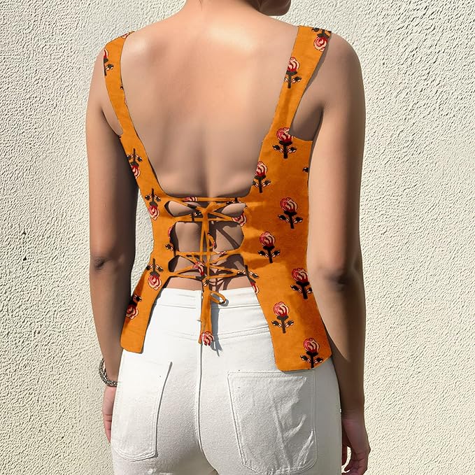 Aahwan Green Printed Square Neck Sleeveless Backless Short Indo-Western