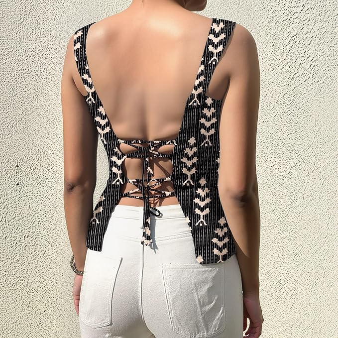 Aahwan Green Printed Square Neck Sleeveless Backless Short Indo-Western