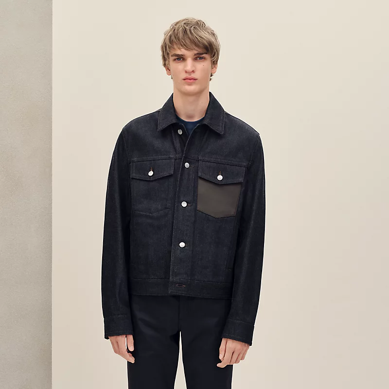 Straight cut jacket with leather detail